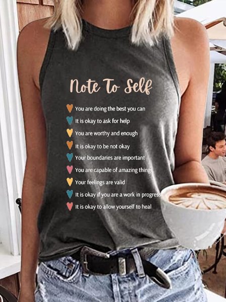 Casual Crew Neck Text Letters Tank Top, Gray, Tanks & Camis