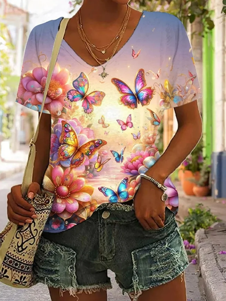 

Casual Floral V Neck Short Sleeve T-shirt, Multicolor, T-shirts