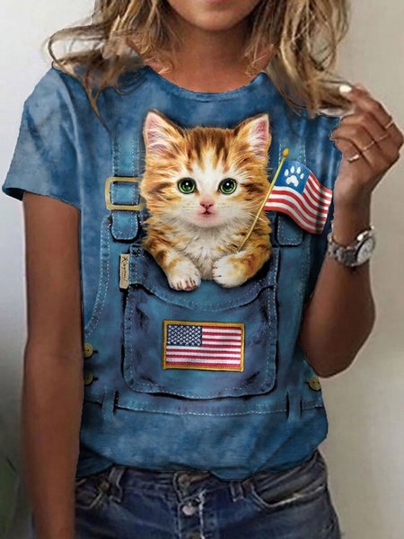 

Casual Cat Crew Neck Short Sleeve T-shirt, Blue, T-shirts