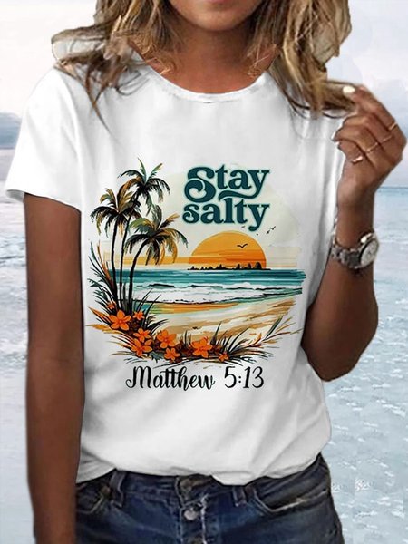 

Casual Ocean Pattern Crew Neck Short Sleeve T-shirt, White, T-shirts