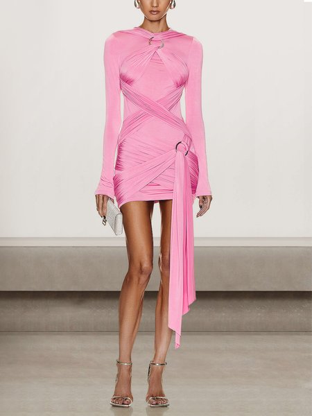 

Women Plain Long Sleeve Comfy Sexy Mini Dress, Pink, Dinner dress