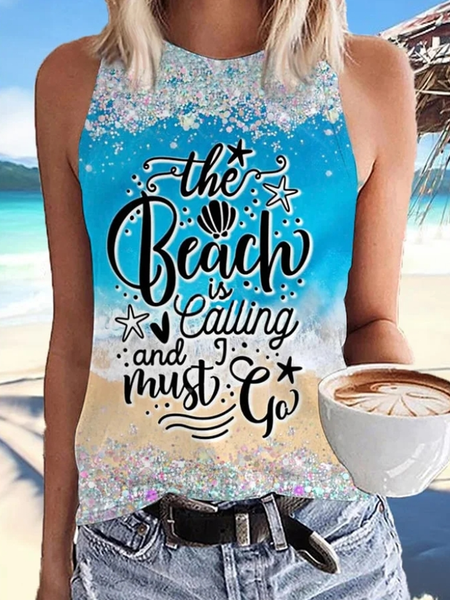 Casual Crew Neck Text Letters Tank Top, Blue, Tanks & Camis