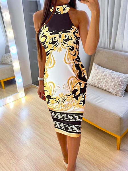 

Elegant Abstract Halter Sleeveless Tight Midi Dress, As picture, Midi Dresses