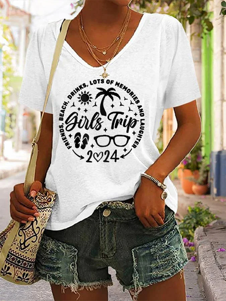 

Casual Text Letters V Neck Short Sleeve T-shirt, White, T-shirts