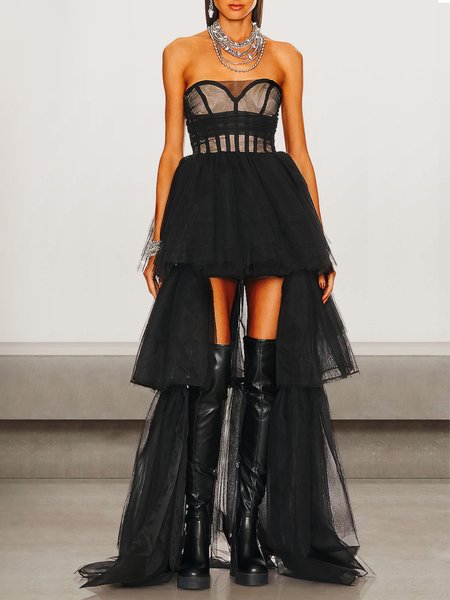 Women Plain Strapless Sleeveless Comfy Sexy Maxi Dress, Black, Dinner dress