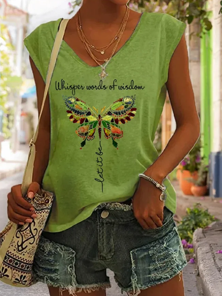 Casual V Neck Text Letters Tank Top, Green, Tanks & Camis