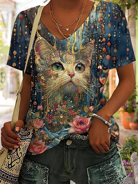 

Casual Floral V Neck Short Sleeve T-shirt, Blue, T-shirts