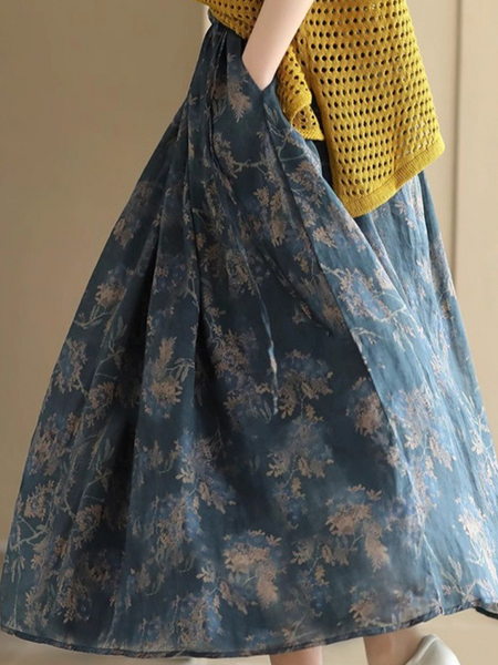 

Casual Floral A-Line Natural Maxi Skirt, Navy blue, Skirts