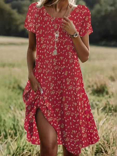 Women Floral Crew Neck Short Sleeve Comfy Casual Mini Dress, Red, Midi