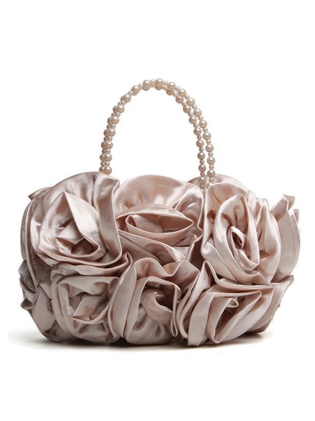 

Elegant Rose Satin Decor Imitation Pearl Handbag, Apricot, Bags