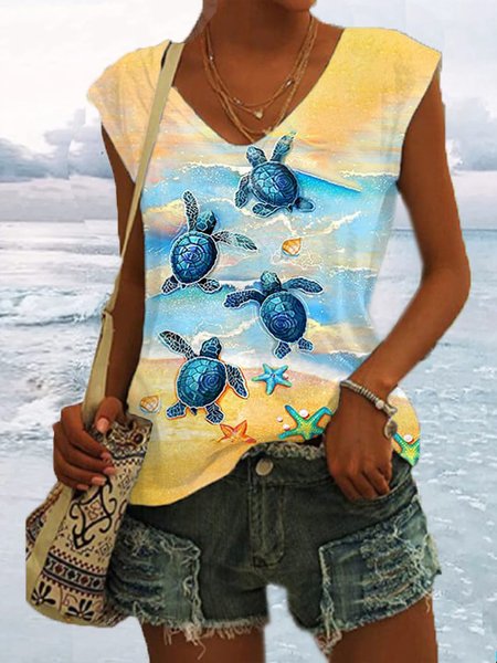 

Casual V Neck Turtle Tank Top, Yellow, Tanks & Camis