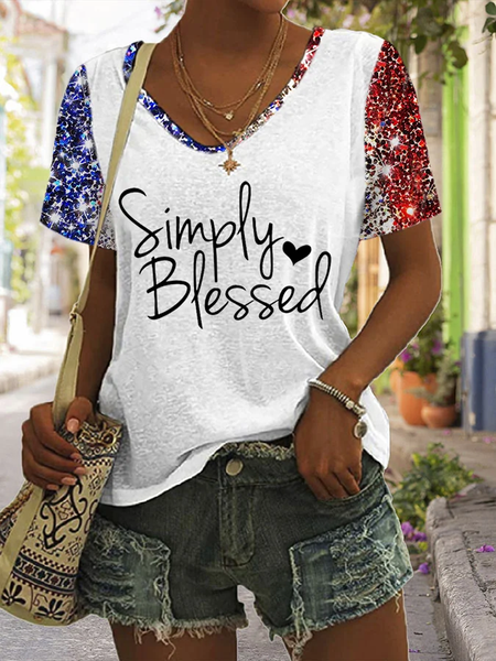 

Casual Independence Day (Flag) V Neck Short Sleeve T-shirt, White, T-shirts