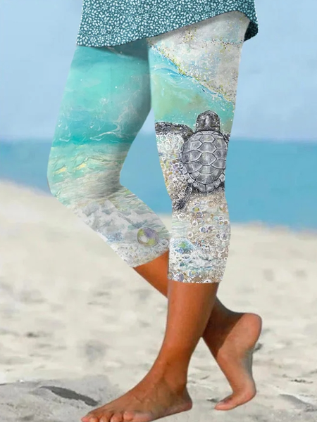 

Casual Turtle Capris Leggings, Aqua blue, Leggings