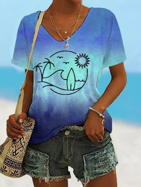 

Casual Beach V Neck Short Sleeve T-shirt, Blue, T-shirts