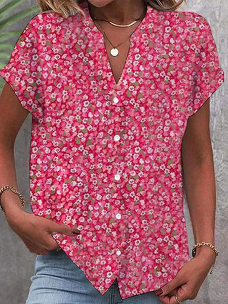 

Notched Short Sleeve Ditsy Floral Regular Loose Blouse For Women, Red, Blouses