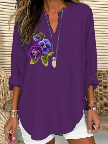 

V Neck Long Sleeve Floral Regular Loose Shirt For Women, Purple, Blouses
