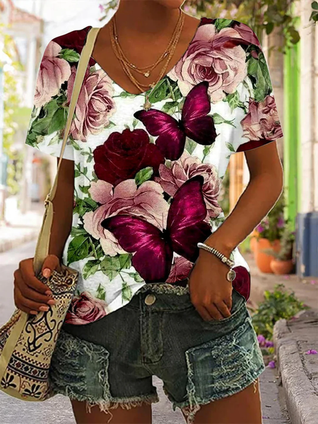 

Casual Floral V Neck Short Sleeve T-shirt, Multicolor, T-shirts
