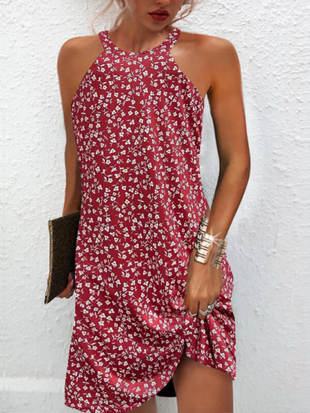 

Women Ditsy Floral Halter Sleeveless Comfy Casual Mini Dress, Red, Dresses