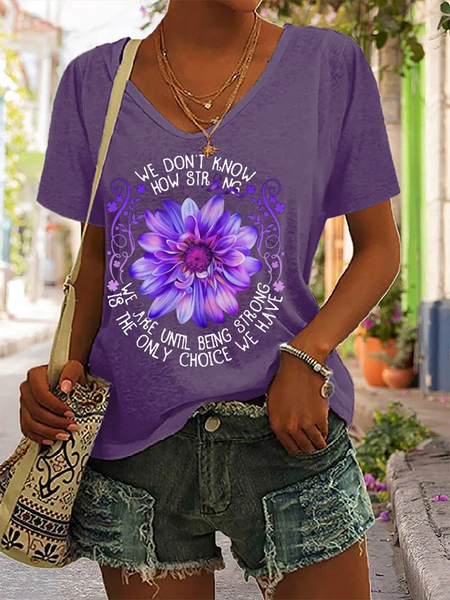 

Casual Floral V Neck Short Sleeve T-shirt, Purple, T-shirts