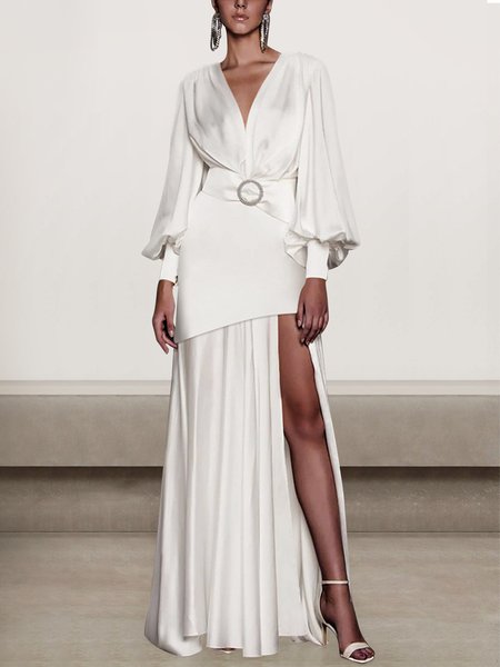 

Women Plain V Neck Long Sleeve Comfy Sexy Maxi Dress, White, Dinner dress