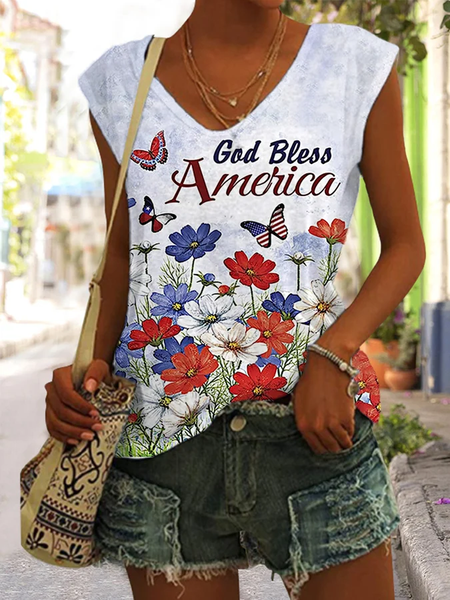 

Casual V Neck Independence Day (Flag) Tank Top, White, Tanks & Camis