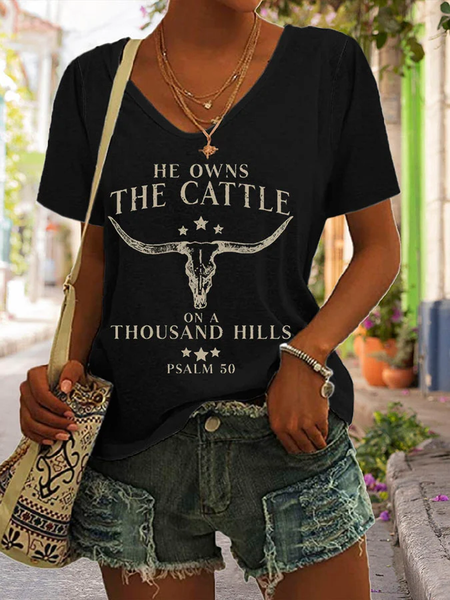 

Casual Text Letters V Neck Short Sleeve T-shirt, Black, T-shirts