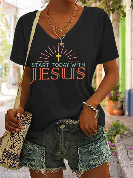 

Casual Letter Pattern V Neck Short Sleeve T-shirt, Black, T-shirts