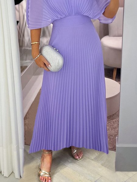 

Plus Size Pleated Regular Fit Plain Elegant Maxi Skirt, Purple, Plus Skirts