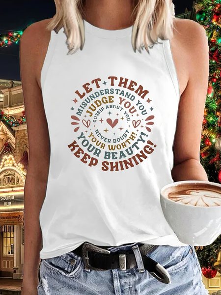 Casual Crew Neck Text Letters Tank Top, White, Tanks & Camis