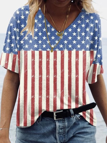 

Women's Short Sleeve Tee T-shirt Summer Independence Day (Flag) V Neck Holiday Going Out Casual Top Blue, T-Shirts