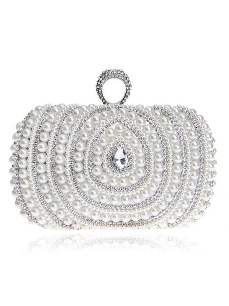 

Glamorous Rhinestone Imitation Pearl Party Finger Ring Clutch Bag With Chain Strap, Silver, Bags