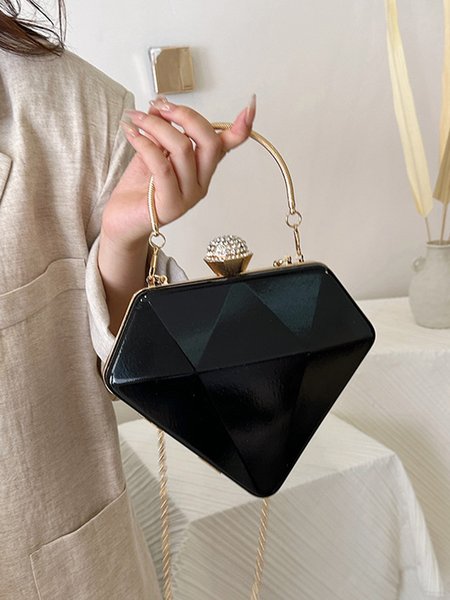 

Diamond Shape Clutch Metal Top-handle Bag with Detachable Chain Strap, Black, Bags