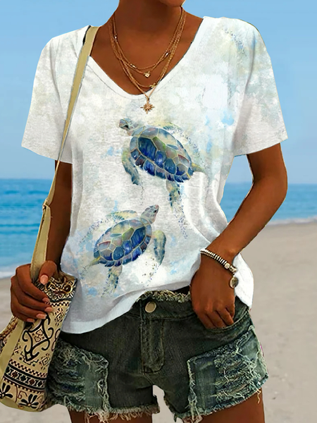 

Casual Turtle V Neck Short Sleeve T-shirt, Flower, T-shirts