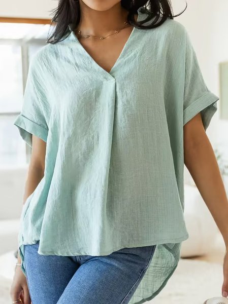 

Plain Cotton Loose Vacation Blouse, Green, Blouses & Shirts