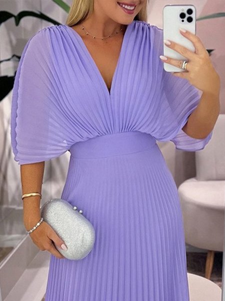 

Plus Size Elegant V Neck Plain Pleated Loose Shirt, Purple, Plus Tops