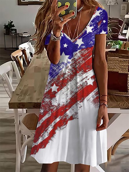 

Women Independence Day (Flag) V Neck Short Sleeve Comfy Casual Mini Dress, Red, Dresses