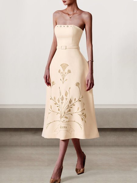 

Women Plain Strapless Sleeveless Comfy Sexy Midi Dress, Apricot, Dinner dress