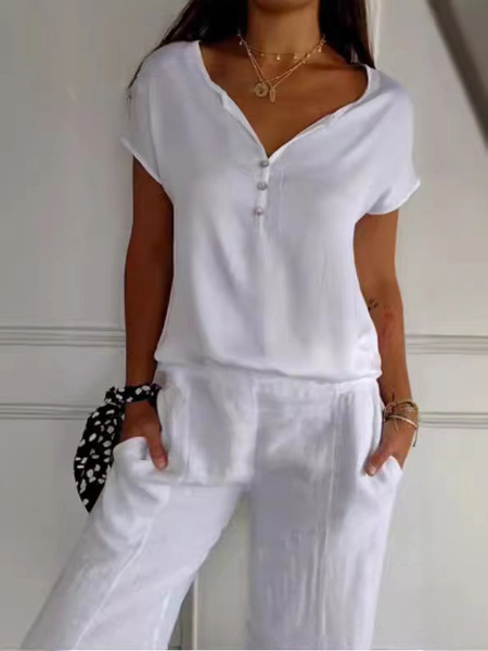 V Neck Plain Casual Blouse, White, Blouses & Shirts