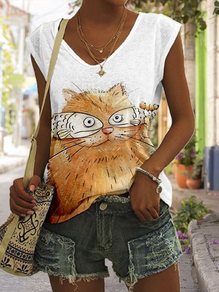 

Casual V Neck Cat Tank Top, White, Tanks & Camis