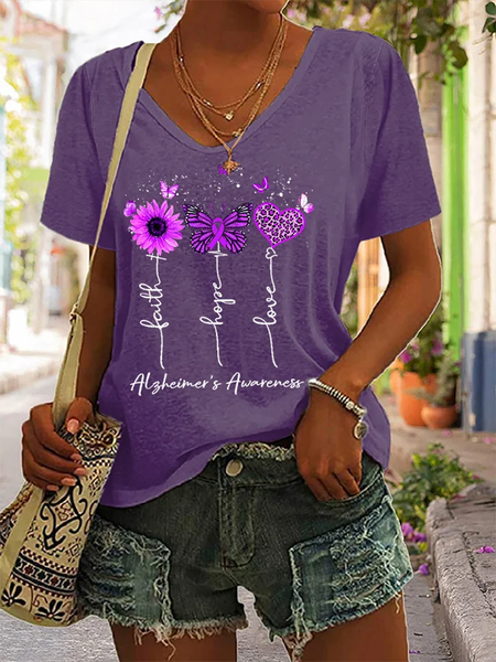 

Casual Text Letters V Neck Short Sleeve T-shirt, Purple, T-shirts