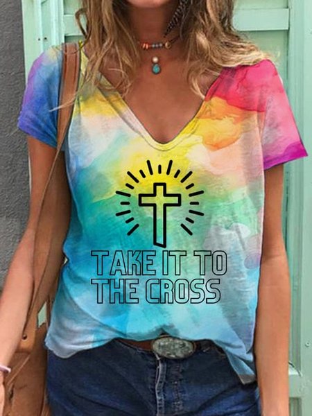 

Casual Letter Pattern V Neck Short Sleeve T-shirt, Multicolor, T-shirts