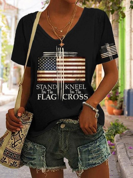 

Women's Short Sleeve Tee T-shirt Summer Independence Day (Flag) V Neck Holiday Going Out Casual Top Black, T-Shirts