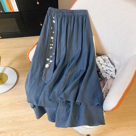 Casual Embroidery Patterns Acrylic Loose Skirt, Navyblue, Skirts