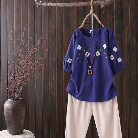 

Cotton And Linen Casual Crew Neck Embroidery Patterns Shirt, Purplish blue, Blouses & Shirts