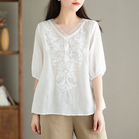 

Casual Embroidery Patterns Loose Shirt, White, Blouses & Shirts