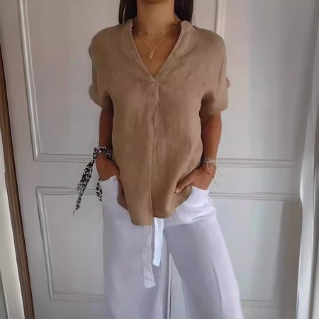 

Loose Plain Notched Vacation Shirt, Khaki, Blouses & Shirts