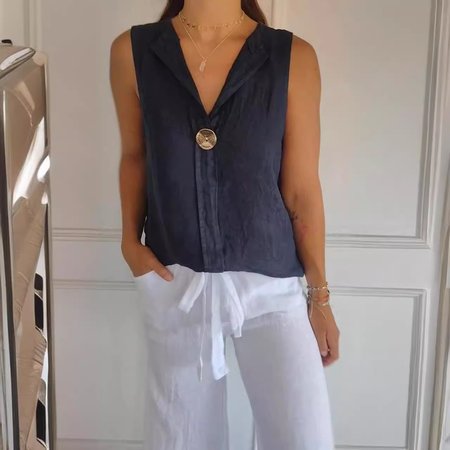 

Women's Sleeveless Shirt Summer Plain Cotton And Linen Notched Daily Going Out Casual Top Green, Navyblue, Tanks & Camis
