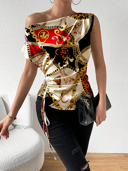 

Regular Fit Abstract Asymmetrical Short Sleeve Elegant Shirt, As picture, Blouses and Shirts