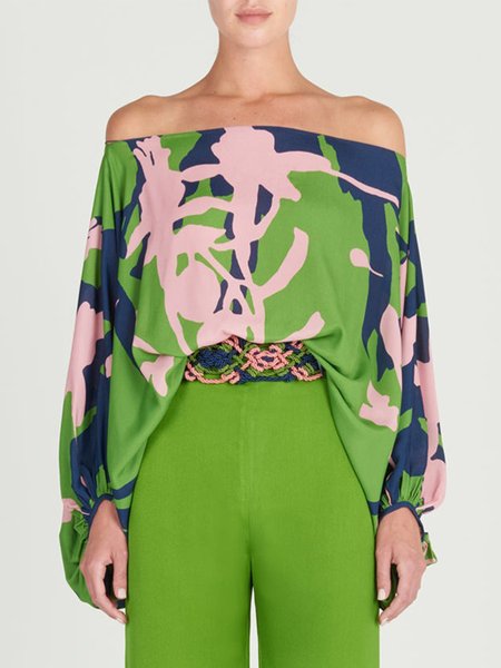 

Loose Off The Shoulder Abstract Shirt, Green, Blouses and Shirts
