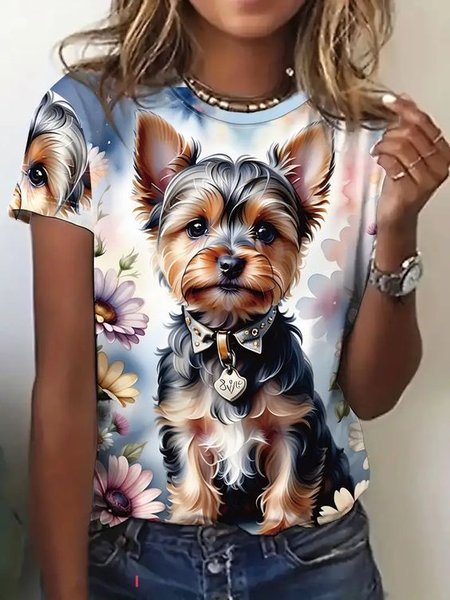 

Casual Dog Crew Neck Short Sleeve T-shirt, Multicolor, T-shirts
